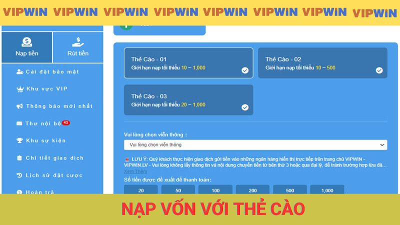 Nạp vốn nhà cái đơn giản với thẻ cào